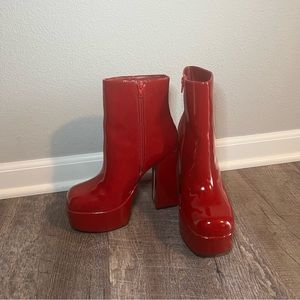 Patent red platform boots
